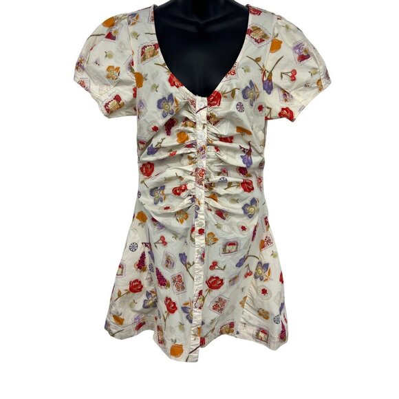 Free People Ivory Combo Mini Floral Ruch Short Sleeve Women Size Large Mini New - Picture 1 of 10
